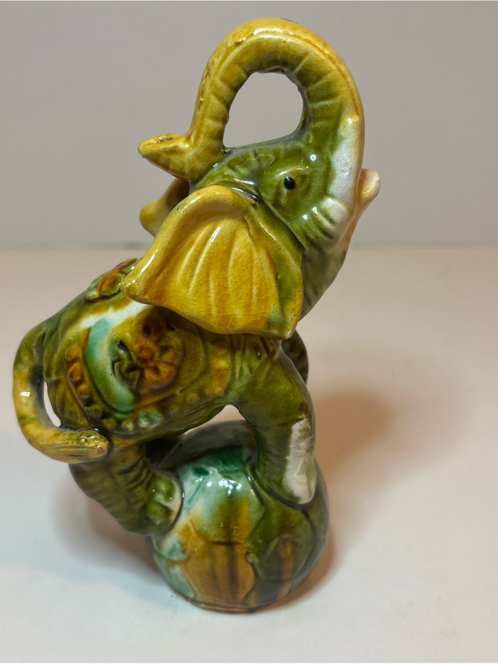 Vintage Elephant On Ball Glazed Ceramic  Figurine - Brand Unknown